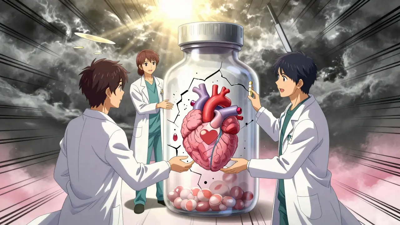 Three doctors hold pieces of a broken pill bottle that form a heart and brain, symbolizing restored health and collaboration.