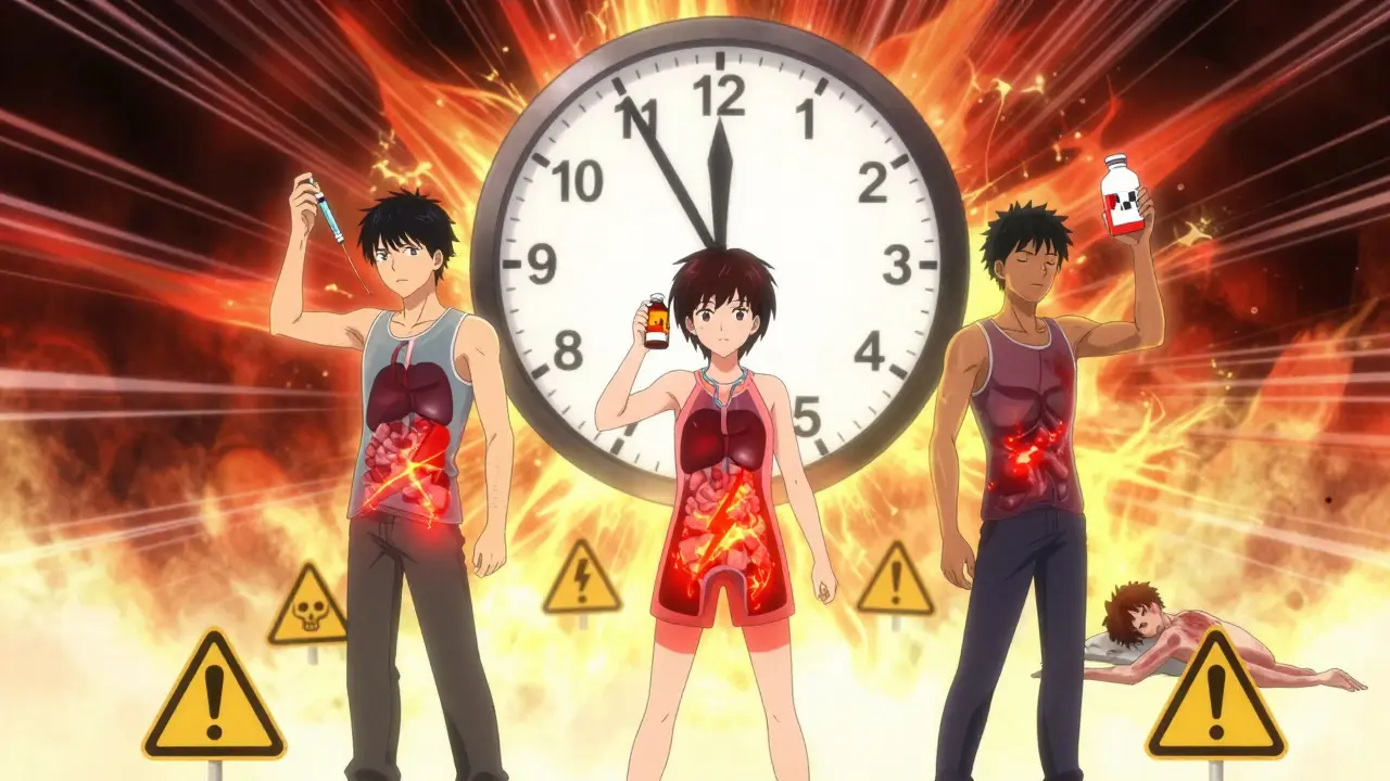Three people holding medication bottles with glowing warning symbols and countdown clock