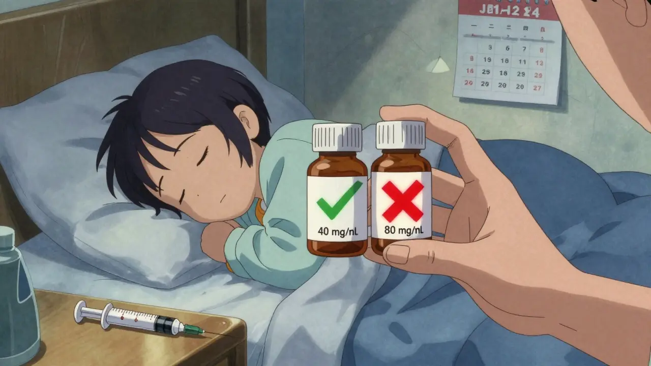 Two medicine bottles compared side by side with correct and incorrect concentrations highlighted.