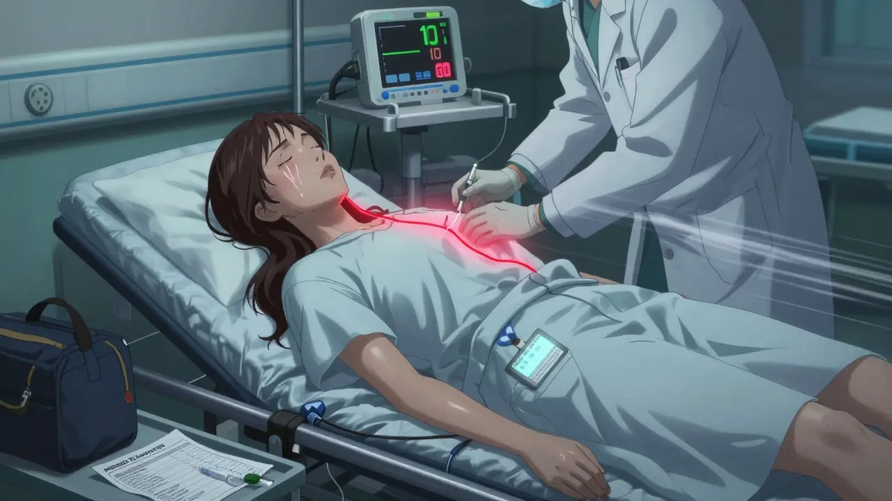 Woman in emergency room receiving hydrocortisone injection as monitor shows low blood pressure.