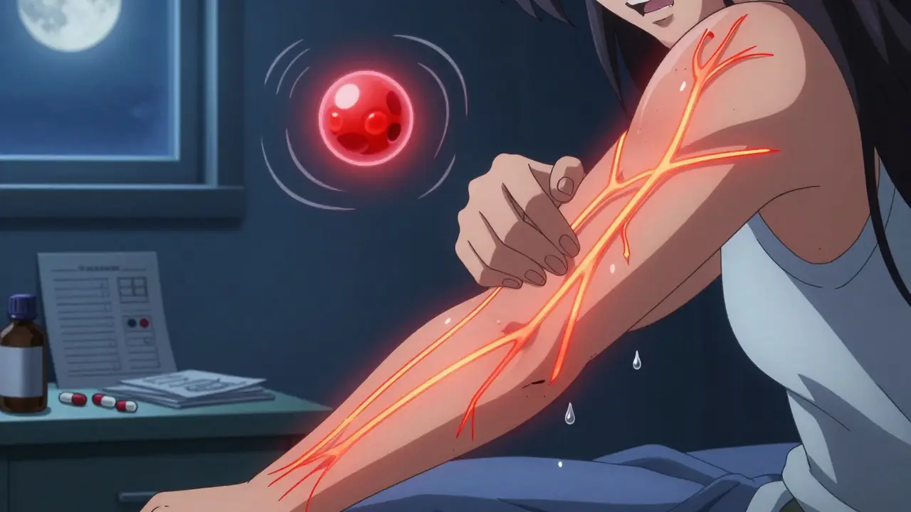 Woman scratching her arm with glowing nerve pathways and a morphine molecule emitting itch waves.