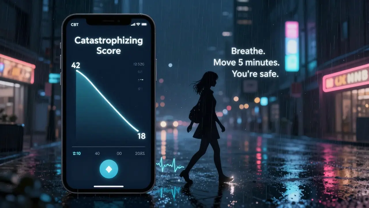 Woman walking in rain with phone showing CBT score dropping, gentle light pulses with each step.