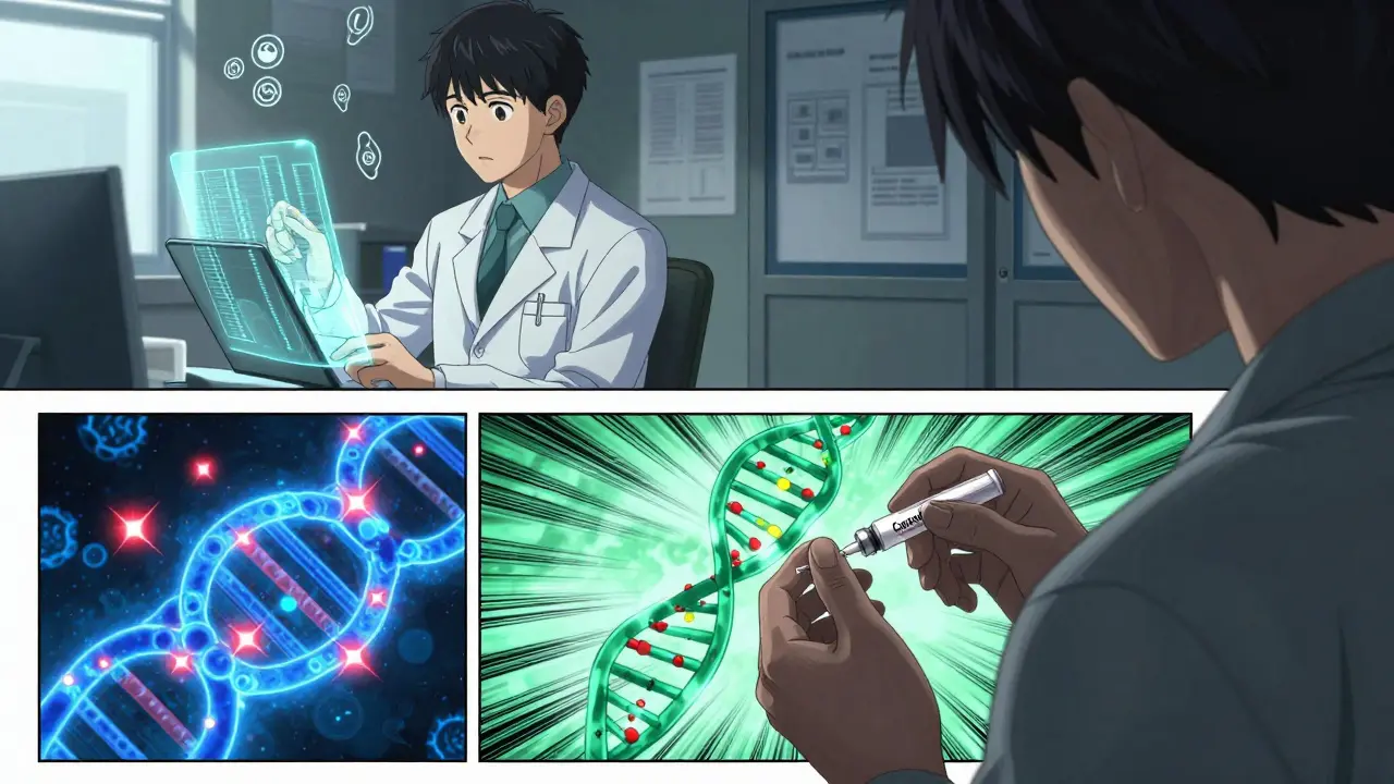 A clinician analyzing HIV resistance data while a patient receives a long-acting injection.