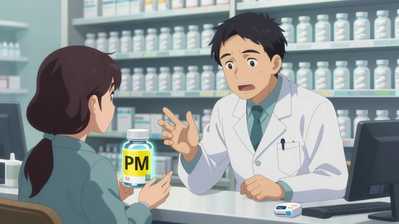 A hearing-impaired patient and pharmacist communicate at a pharmacy counter with labeled pills and a QR code.