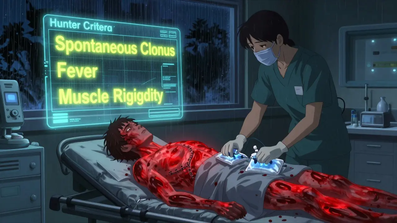 A hospital ER scene with a patient in crisis, medical staff treating serotonin syndrome under glowing diagnostic criteria.