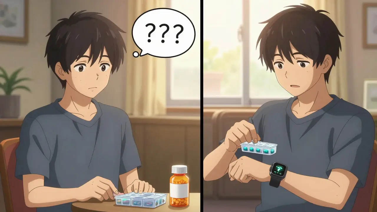 A patient transitions from confusion to confidence in managing their pills at home with a smartwatch reminder.