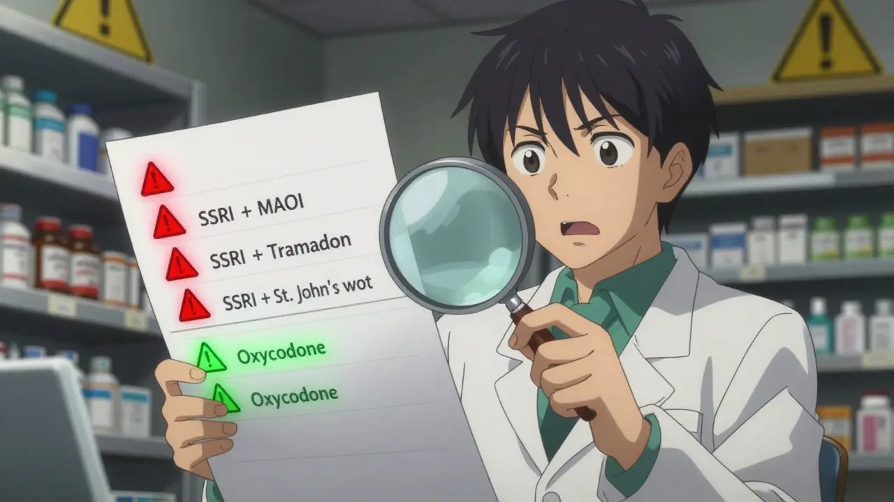 A pharmacist reviewing dangerous drug combinations with warning symbols and safe alternatives highlighted.