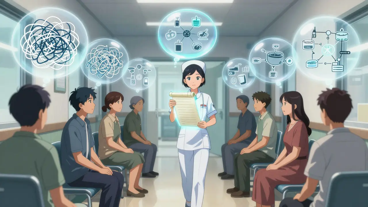 Diverse patients in a clinic have thought bubbles showing their understanding levels, illuminated by a nurse’s rubric.