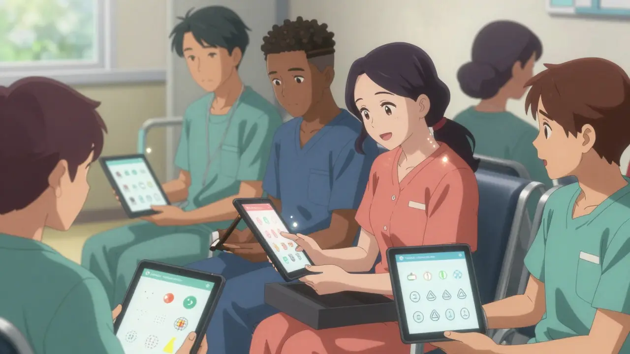Diverse patients in a waiting room using tablets to compare medication options through visual icon arrays.