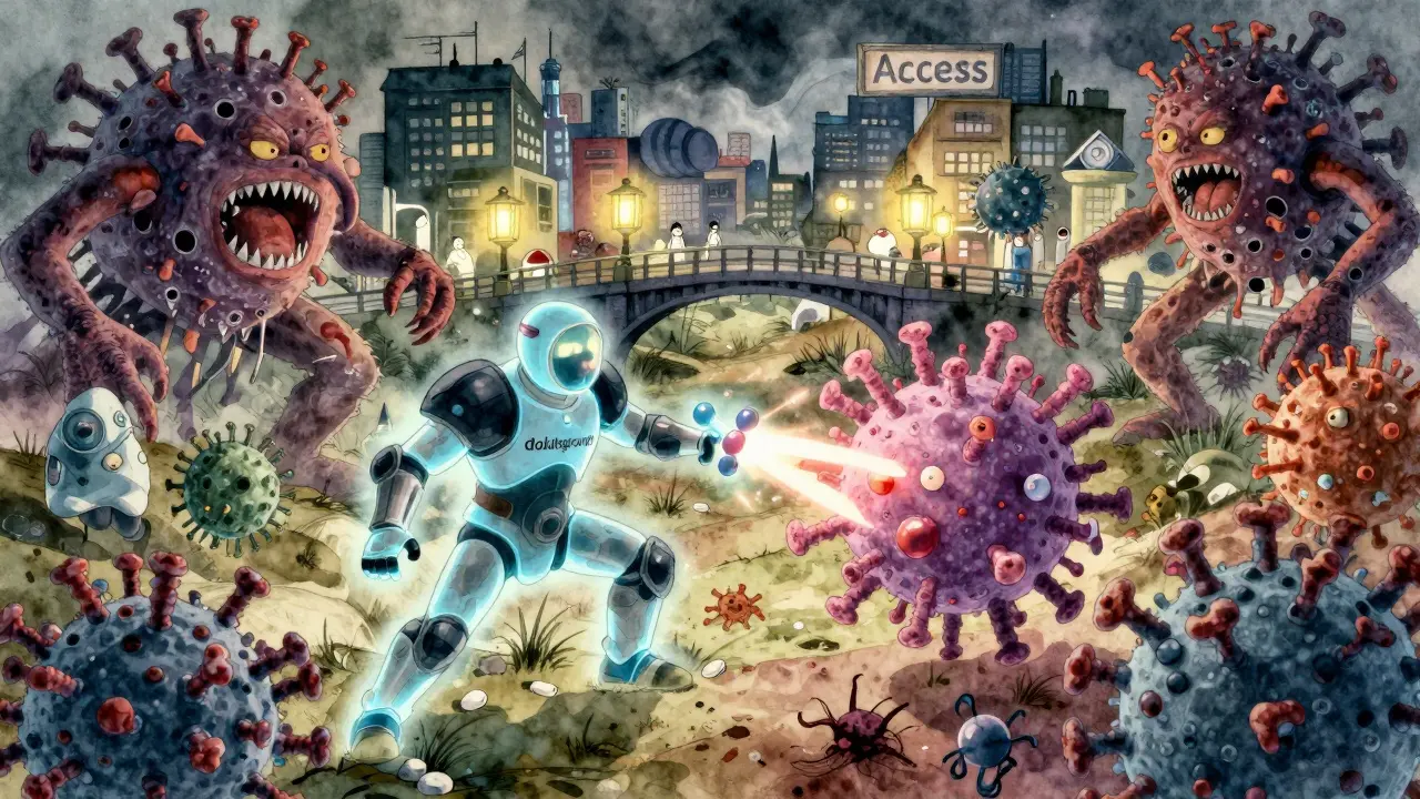 Drug molecules battling mutated HIV in a symbolic war, with a bridge representing treatment access.