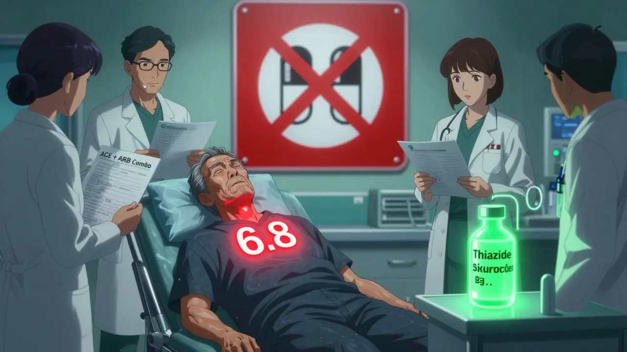 ER scene with a patient in crisis due to combined ACE inhibitor and ARB use, surrounded by medical warnings and safer alternatives.