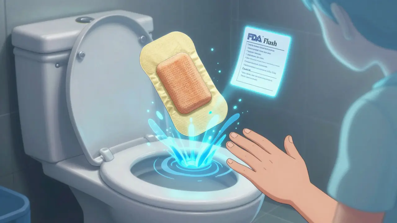 Fentanyl patch folding over itself as it flushes down a toilet, with FDA flush list nearby.