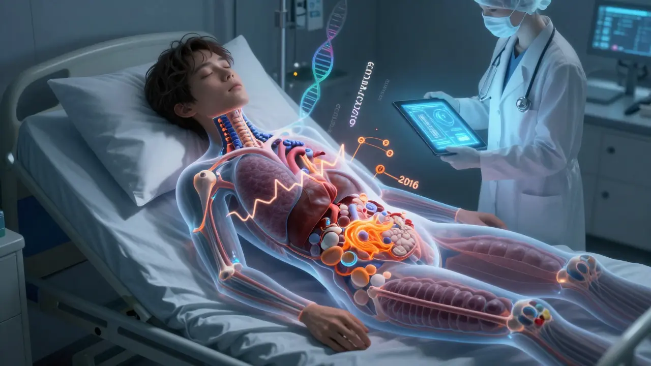 Hospital patient with internal organ warnings and genetic code floating around them