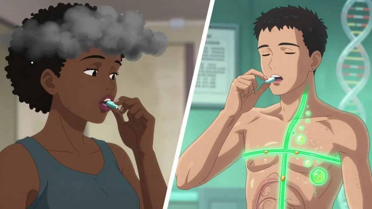 One patient's drug fails while another's works, shown with contrasting colors and genetic patterns beneath their skin.