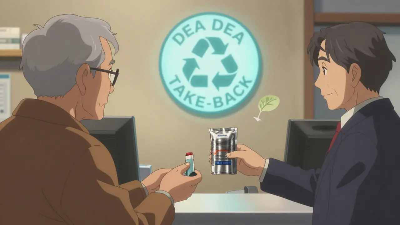 Pharmacist accepting an expired inhaler at a take-back counter with DEA logo visible in background.