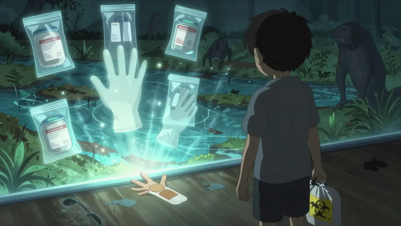 Protective barrier stops child from touching hazardous chemotherapy patch