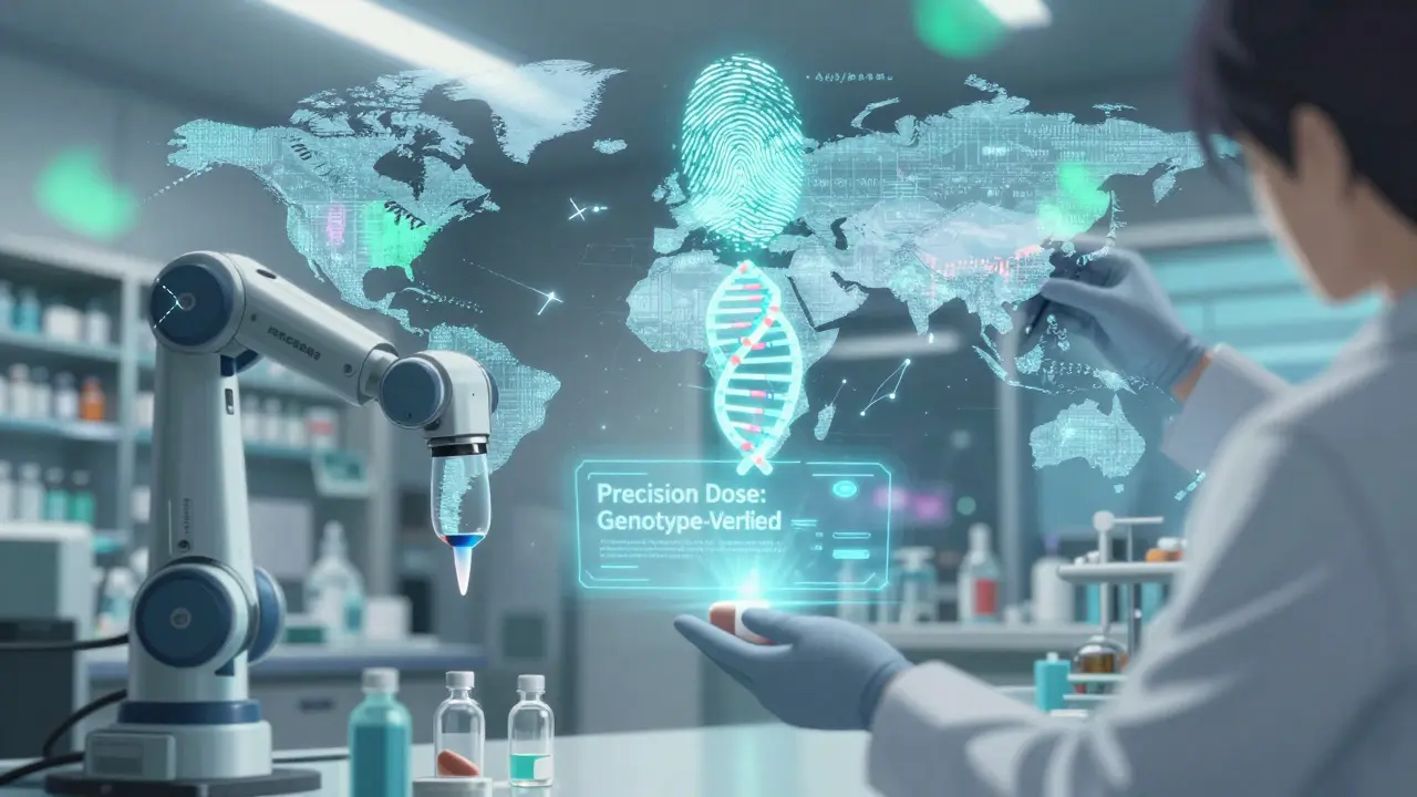 Robotic arms analyze DNA samples under holograms of global genetic diversity, with a glowing fingerprint indicating precision medicine.