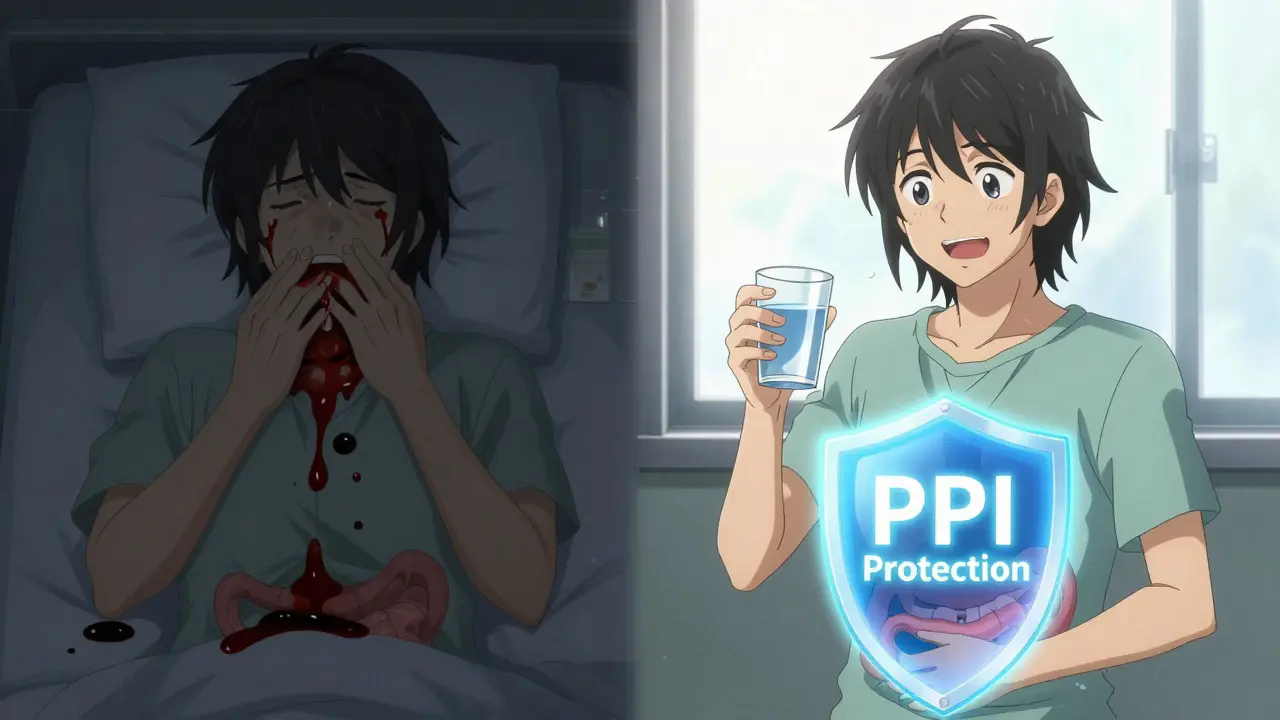 Split scene: one side shows GI bleeding, the other shows safe PPI use with sunlight and healing shield.