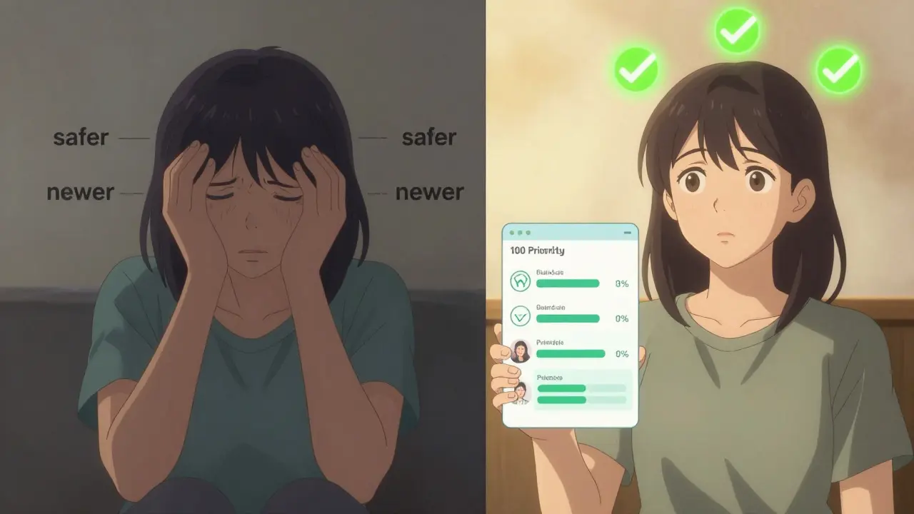 Split-screen showing a patient transitioning from confusion to clarity using a medication decision aid.