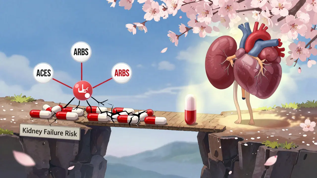 Symbolic anime panel showing dangerous pill combination collapsing versus a single ARNI pill protecting kidney and heart health.