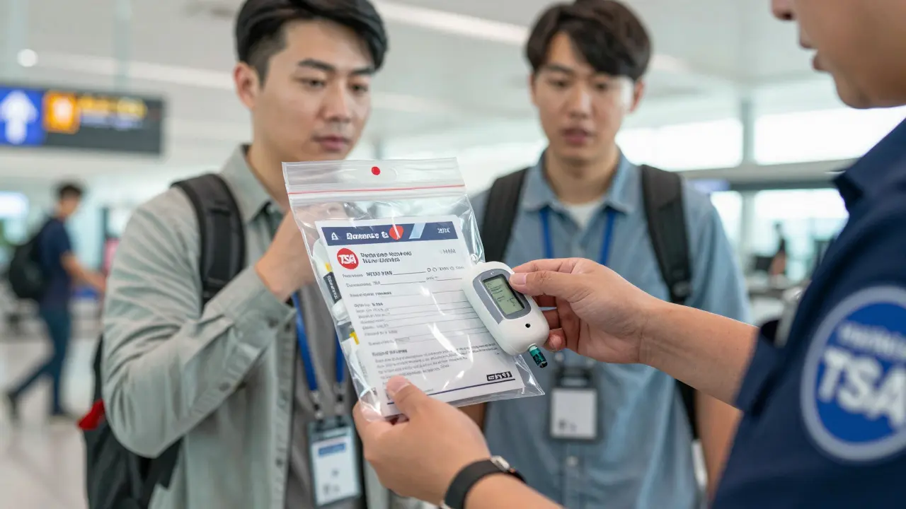 Traveler at TSA checkpoint with insulin pump being hand-inspected.