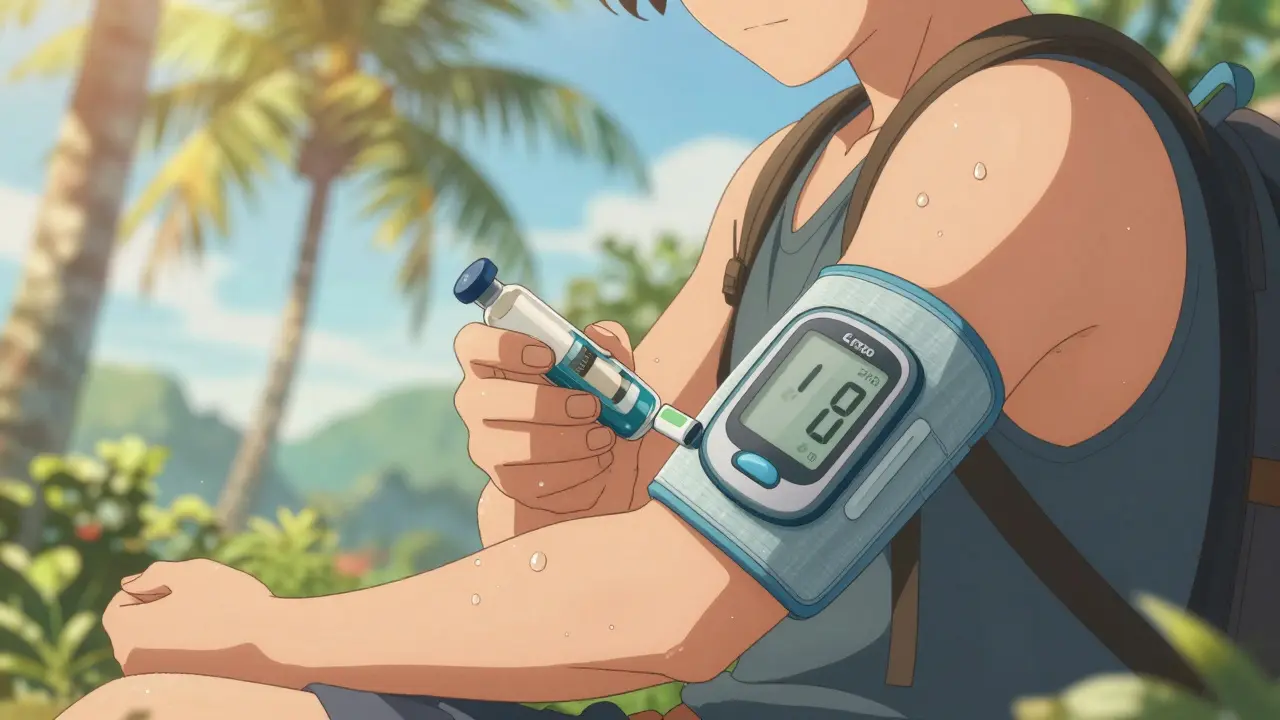 Traveler using cooling sleeve for insulin in tropical environment.
