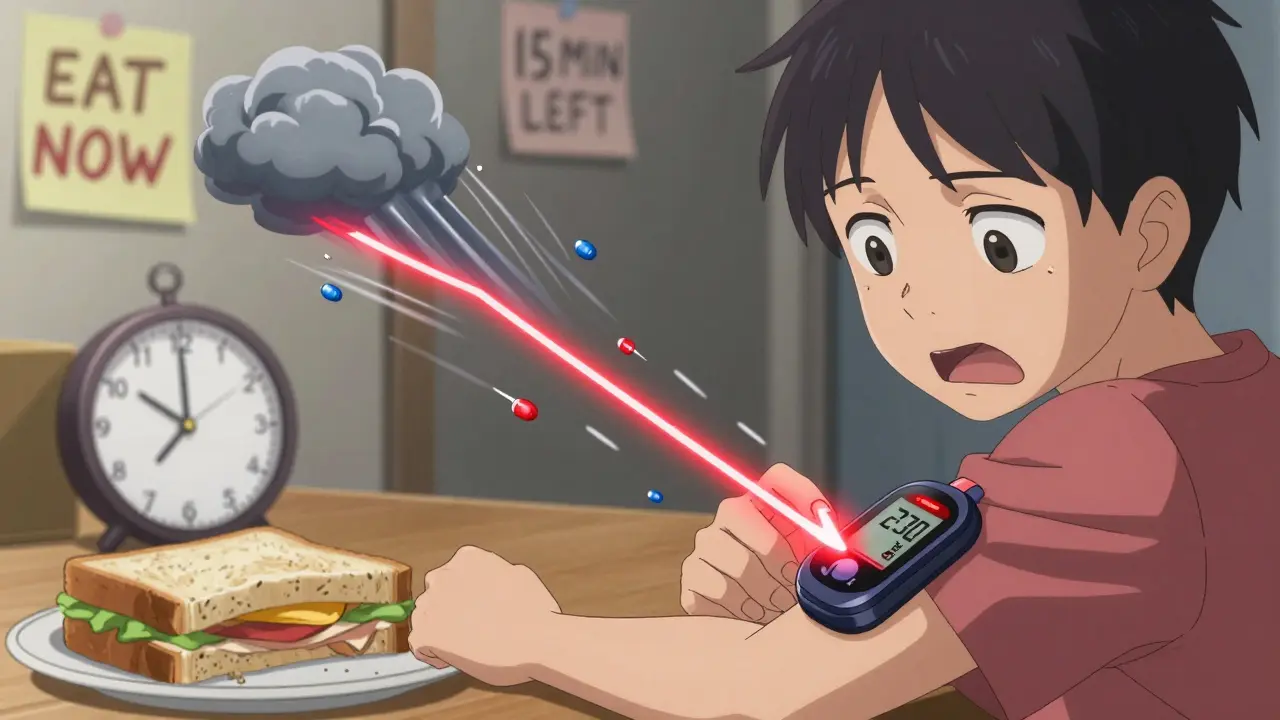 A person staring at a glowing glucose monitor with a plummeting blood sugar reading and forgotten food nearby.