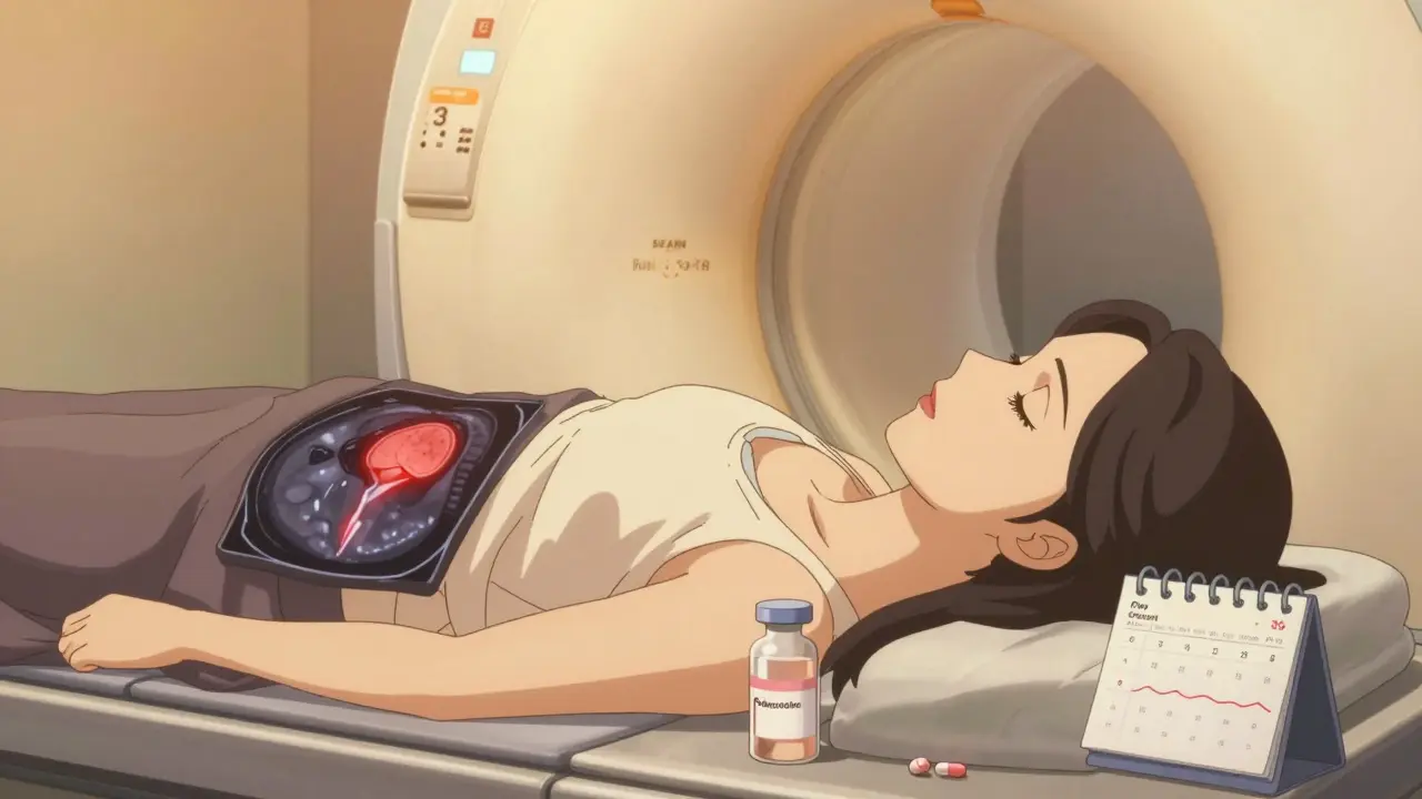 A woman undergoing MRI with a glowing prolactinoma on her pituitary gland, cabergoline pills nearby.