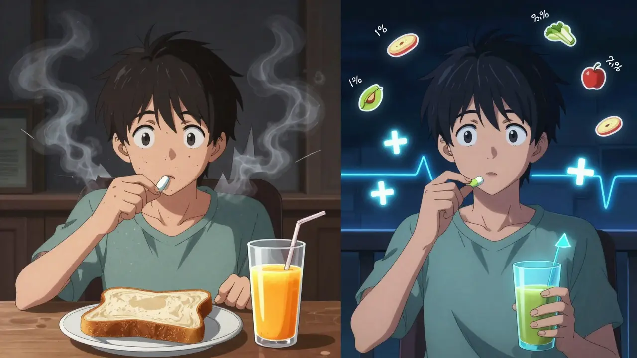 Contrasting morning and night routines for thyroid medication, showing absorption differences.