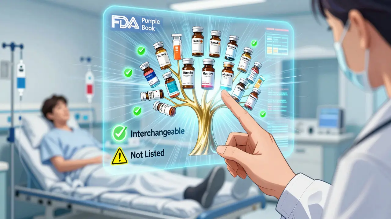 Hand pointing at holographic Purple Book showing biosimilars with interchangeability status.