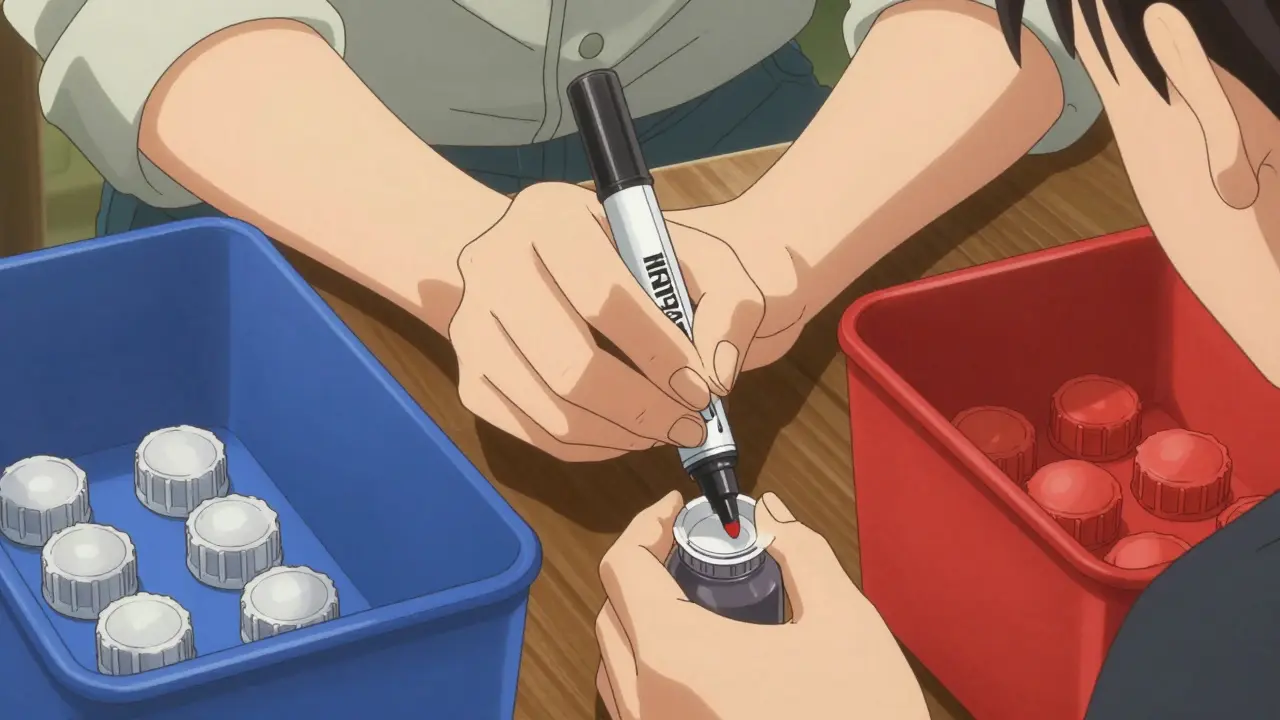 Hands marking bottle lids near color-coded storage bins.