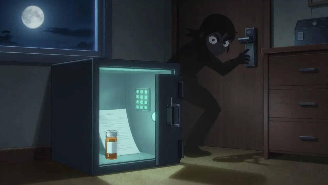 Hotel safe glowing with prescription bottle inside, shadowy figure attempting to break in at night.