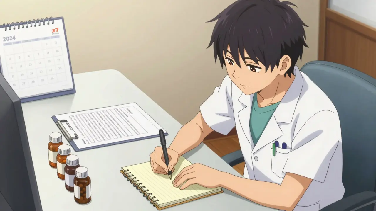 Patient writing notes and organizing medication bottles.