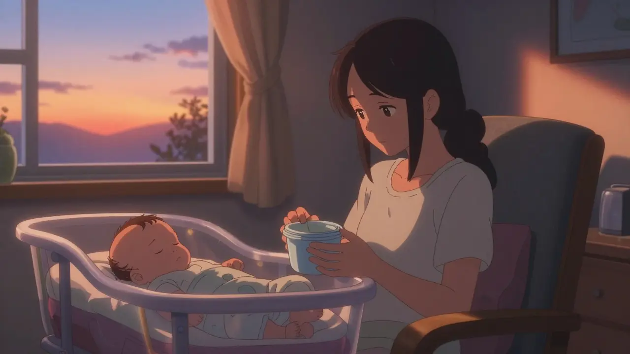 Peaceful mother holding warmed bottle near sleeping baby.