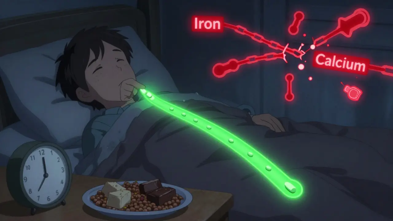 Person taking thyroid pill at night with iron-rich dinner far away, showing improved absorption.