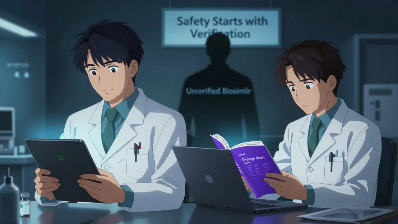 Pharmacist and prescriber verifying drug safety using Orange and Purple Books, unverified drug fading in shadow.