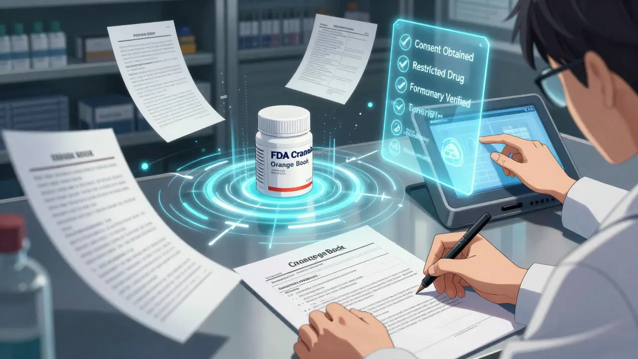 Pharmacist at workstation surrounded by floating legal documents and FDA Orange Book, verifying substitution rules with glowing checklist.