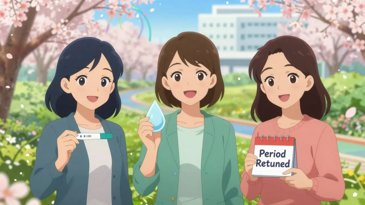 Three women in a garden celebrating recovery from prolactin disorder: pregnancy test, stopped discharge, and regular period.