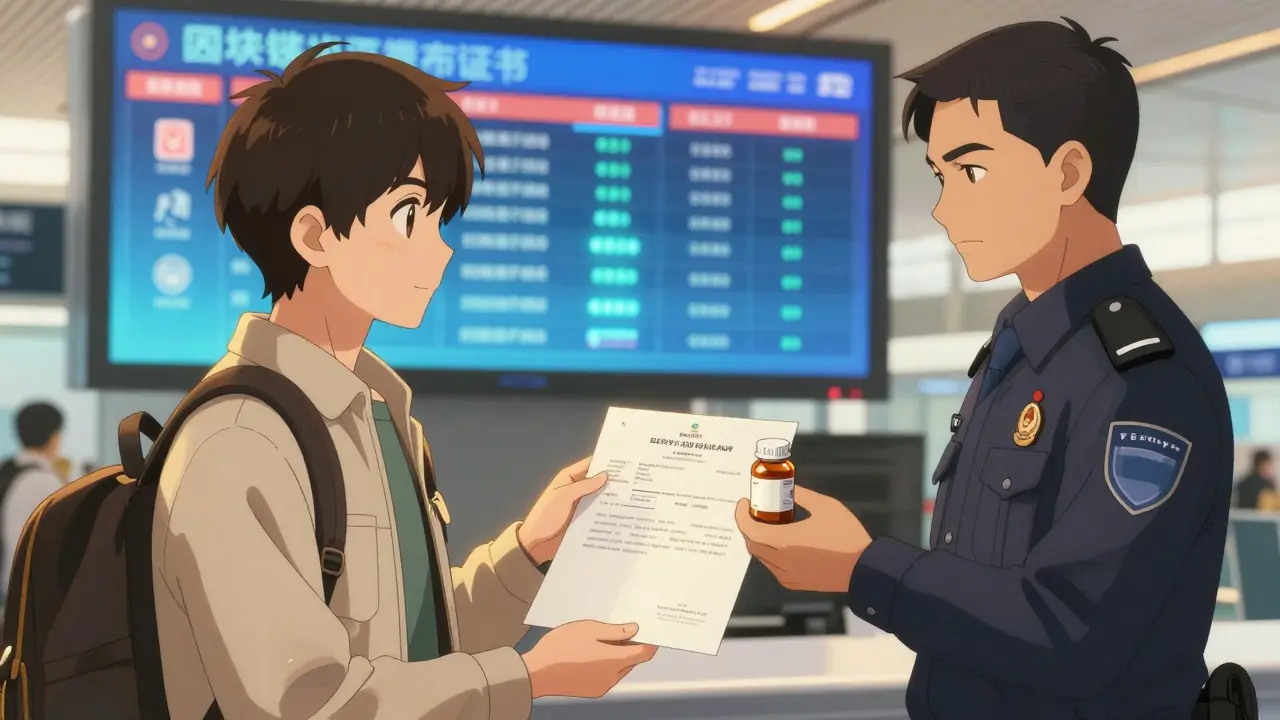Traveler presenting doctor's letter and medication to customs officer, blockchain verification on screen.