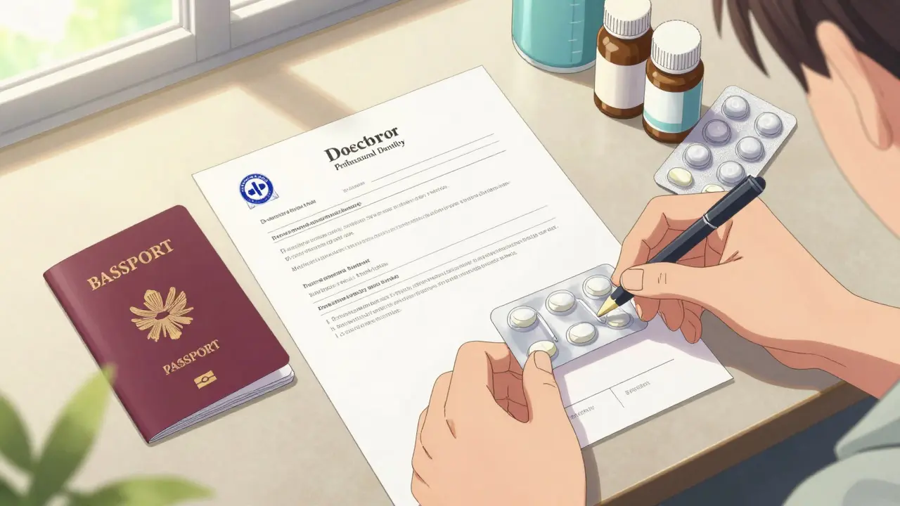 An organized desk with a passport, doctor's letter, and original medicine bottles in anime style.