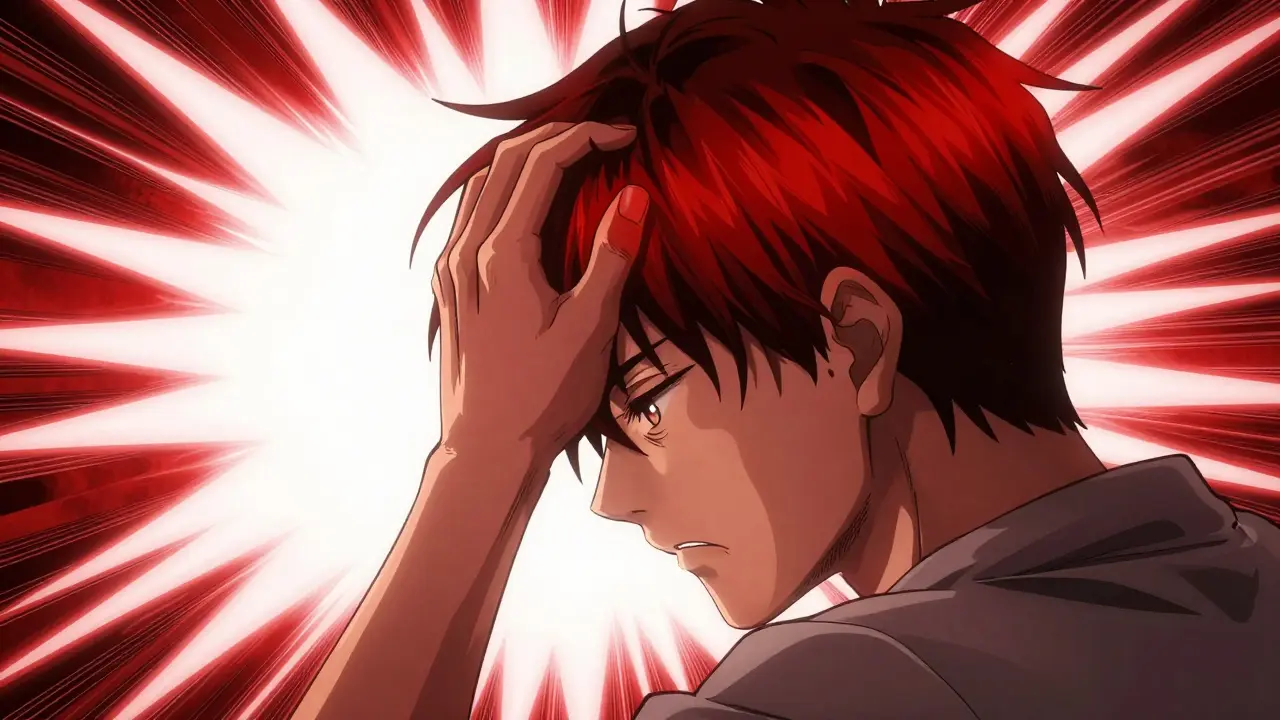 Anime character clutching head showing headache from hypertensive crisis.