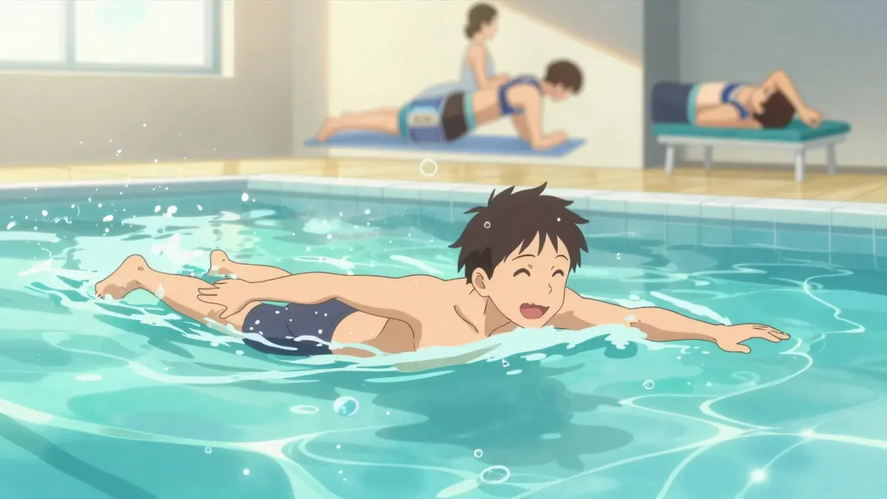 Anime character swimming in a bright turquoise pool to improve spinal mobility.