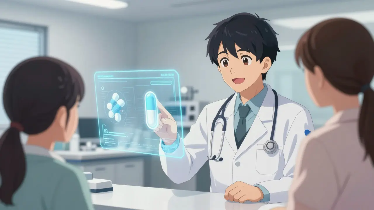 Anime doctor explaining the benefits of a generic combination pill to a patient.