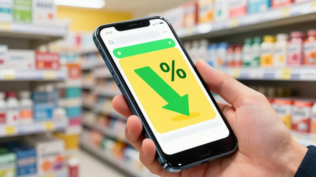 Anime hand holding a smartphone showing a prescription discount app