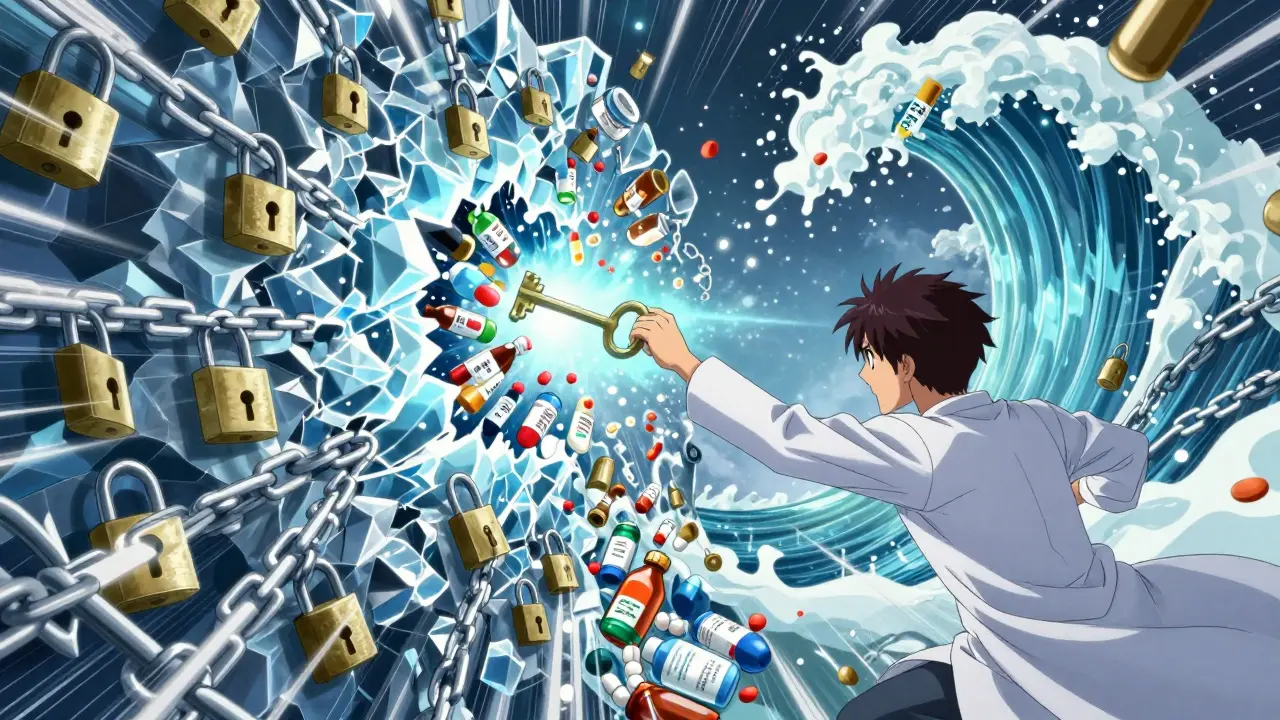 Anime illustration of a character breaking through patent barriers to access cheap generics.