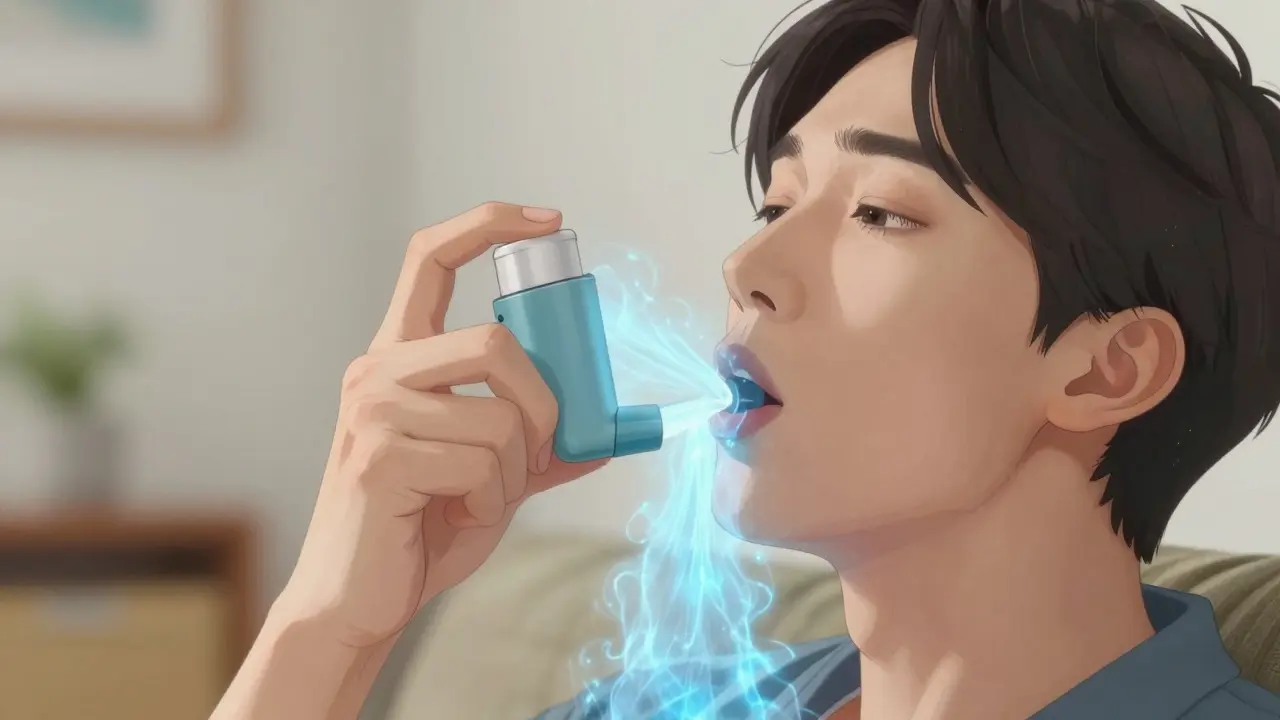 Anime illustration of a person correctly inhaling medication into their lungs.