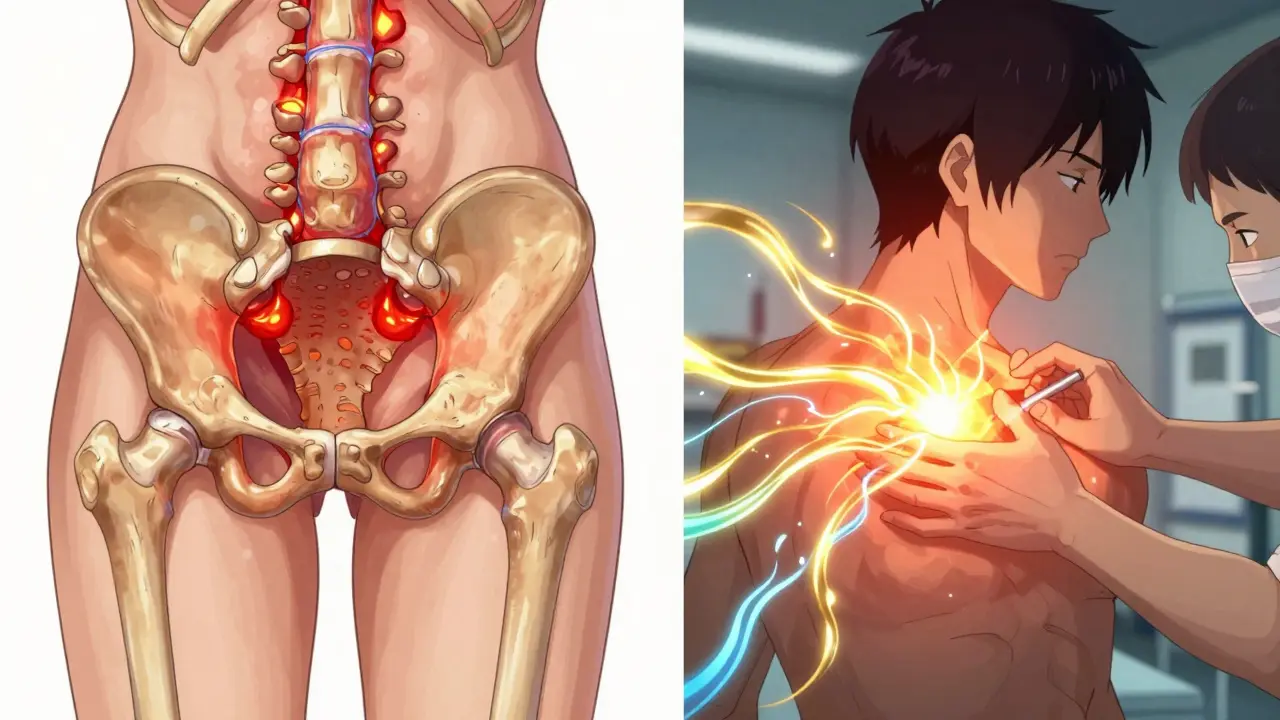 Anime illustration of spinal inflammation being treated by a glowing blue energy wave.