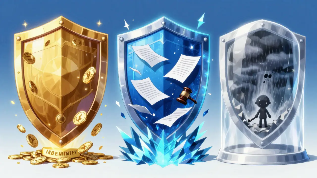 Anime illustration of three symbolic shields representing indemnify, defend, and hold harmless.