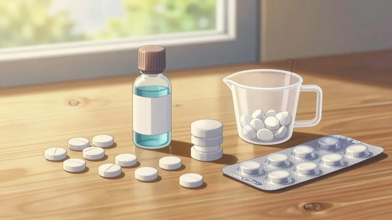 Anime style arrangement of generic acetaminophen tablets, liquid solution, and blister packs.