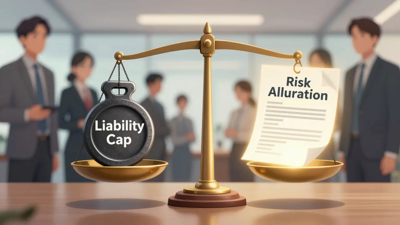 Anime style depiction of a balance scale representing liability caps and insurance security.